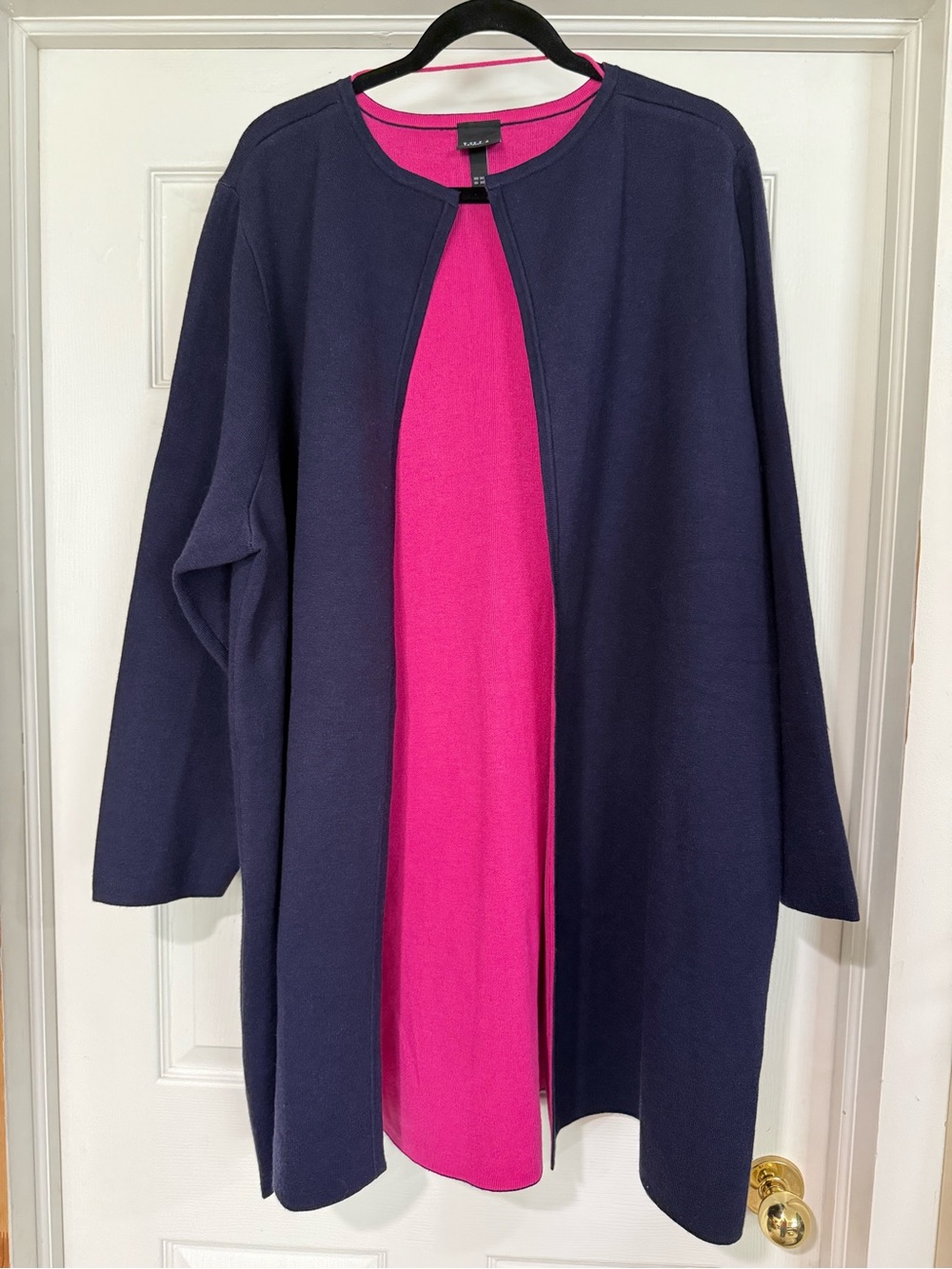 Ulla Popken Navy and Hot Pink Open-Front Coatigan